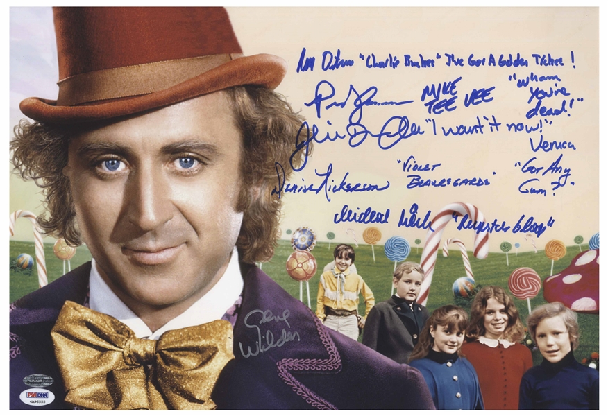 Willy Wonka Cast-Signed 18'' x 12'' Photo With Actors Adding Their Character's Names & Best Bits of Dialogue -- With PSA/DNA COA for All Six Signatures